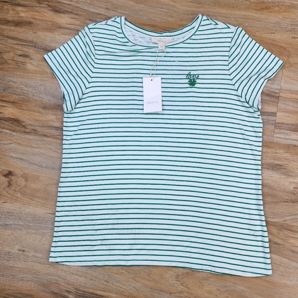 🔹️NWT Brit.NY Green & White Striped "love" Short Sleeve Top Medium